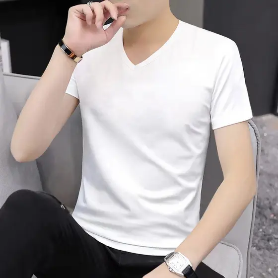 Camiseta masculina de manga curta com gola de coração, cor sólida, verão, dia quente, roupa externa 2025, roupas de outo