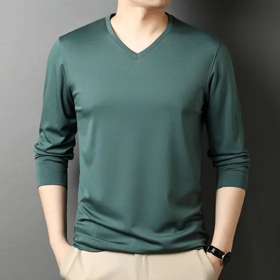 Primavera outono amoreira seda manga comprida camiseta masculina cor sólida frango coração com decote em V estilo fino r