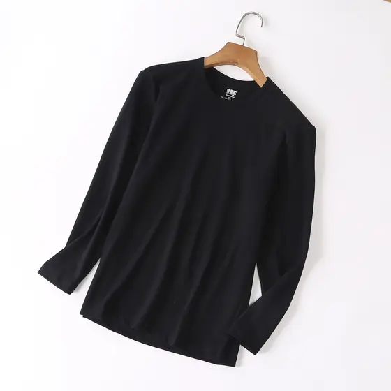 Roupas de outono masculinas topos de uma peça de manga comprida fino puro preto roupa interior térmica em torno do pesco