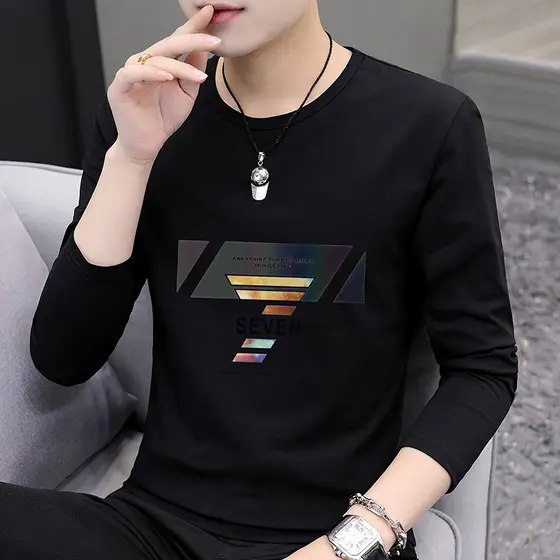 Primavera outono interior de manga comprida camiseta masculina em torno do pescoço fino-ajuste Casual camisa de fundo na
