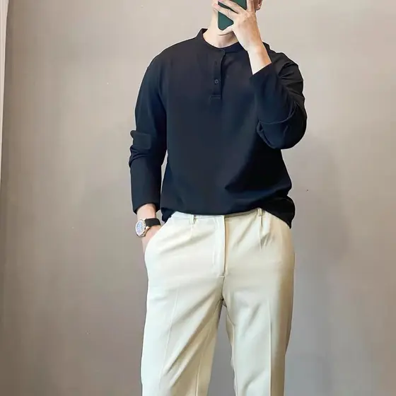 Primavera outono estilo fino Drape Anti-rugas manga comprida camiseta masculina solta High-End em torno do pescoço meio-