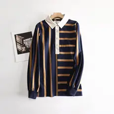Polo britânico contraste cor costura listrado camisa polo meia carcela lapela topo feminino manga longa solta tamanho gr