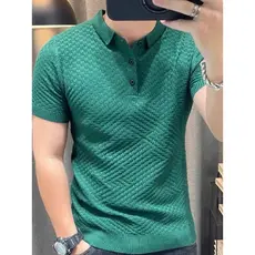 Estação Europeia Waffle Jacquard Polo Camisa Masculina Textura Slim-fit Manga Curta Lapela Moletom Em Relevo Camisa Polo