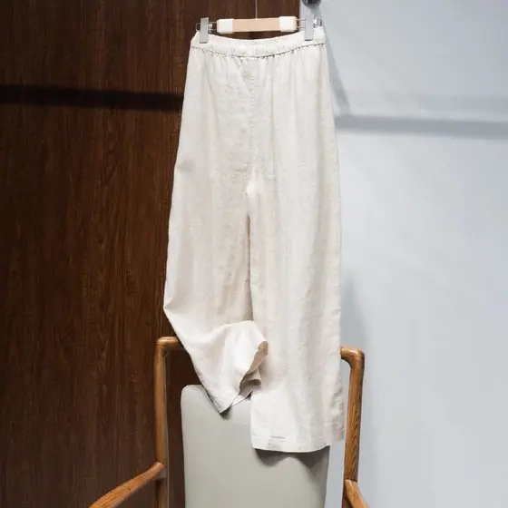 Verão literário calças de seda gelo calças de perna larga feminina cintura alta elástica Retro novo estilo solto tornoze