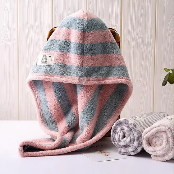 Touca de secagem de cabelo de lã Coral absorvente toalha de secagem de cabelo toalha de secagem rápida listrada de duas