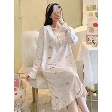 Camisola feminina primavera outono puro algodão de manga comprida estilo princesa bonito estudante pijamas Homewear solt