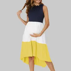 Novo Vestido de Maternidade Sem Mangas com Decote Redondo e Detalhes em Patchwork, Tamanho Plus, Roupas Femininas*-*&