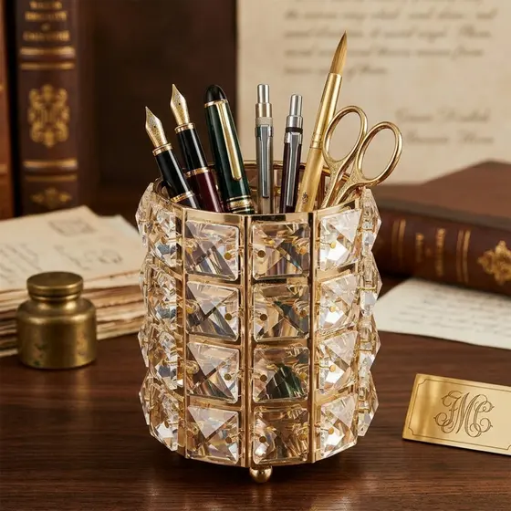 Porta Pincel Dourado em Cristal Âmbar Organizador de Maquiagem Luxo Decorativo