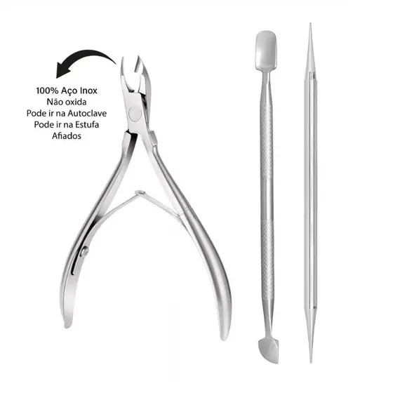 Kit 3 cutelaria profissional Alicate+espatula+Palito de inox. Use picel da maquiagem e esmalte gel.