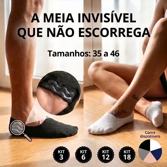 Kit 18 Meias Invisível Tipo Sapatilha Cano Baixo Antideslizante no Calcanhar do Tamanho 34 ao 46 Kit 3 a 18 Un - J&F