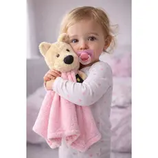 Naninha pra bebê com prendedor de chupeta de cachorrinho menina