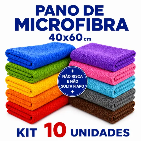 Kit 10 Panos Microfibra Flanela 40x60 cm Alta Absorção Multiuso Não Solta Fiapo Limpa Vidro Casa