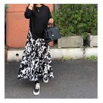 Europeu americano Plus Size feminino manga comprida camiseta costura impresso grande balanço vestido em torno do pescoço
