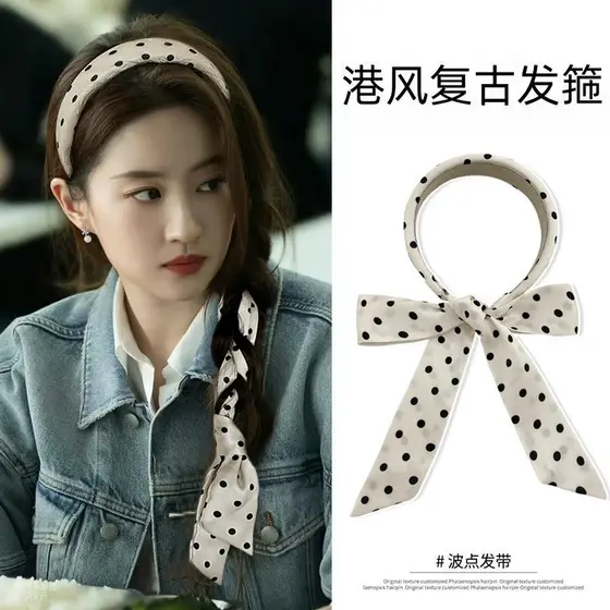 80s Hong Kong na moda Retro laço de cabelo lenço de seda fita bolinhas bandana feminino alto guindaste topo estilo franc