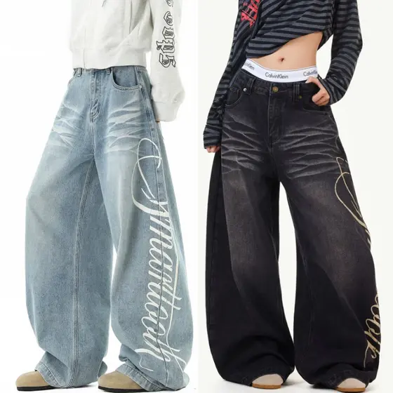 Cal莽a Jeans retr么 americana masculina solta Casual reta cal莽a larga feminina