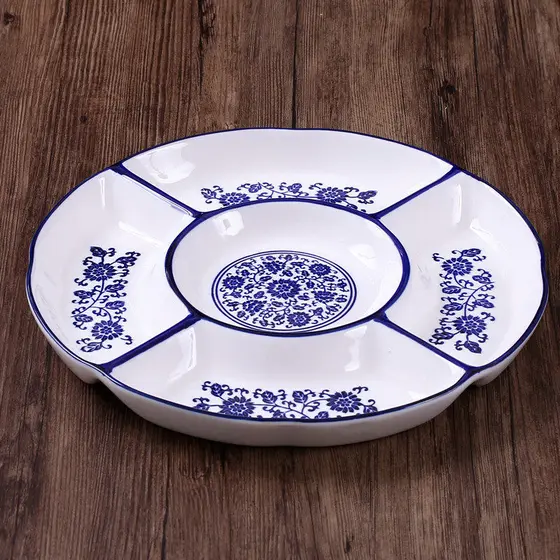 Prato de restaurante de cinco grades, porcelana azul e branca, prato grande, compartimento doméstico, frutas secas, rest