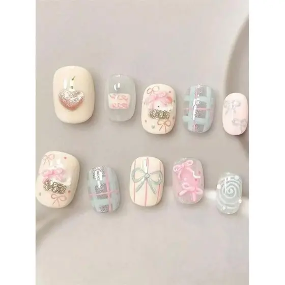 Novo feito à mão usando unhas bonito dos desenhos animados tridimensional urso Manicure francês indústria pesada doce ol