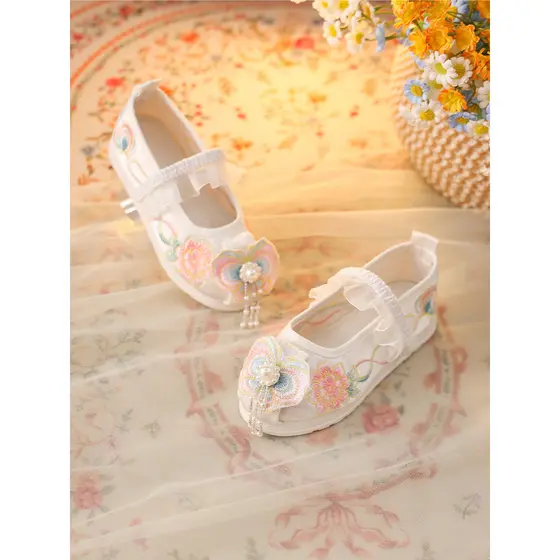 Primavera outono meninas Hanfu sapatos branco 2024 novo estilo sola macia estilo chinês bebê antigo único sapatos crianç