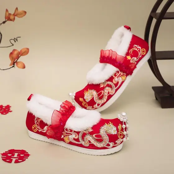 Ano do Dragão Sapatos Bordados Infantis Sapatos Na Moda Nacional com Saia de Rosto de Cavalo Estilo Chinês Bebê Sapatos