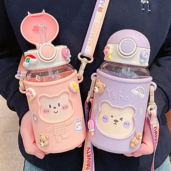 Bonito urso palha copo de água crianças verão estudantes do sexo feminino alto valor grande capacidade copo de plástico