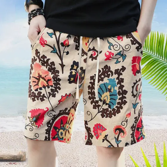 Verão fino flor Shorts soltos calças de praia masculino Street Wear secagem rápida calças grandes cinco pontos calças ca