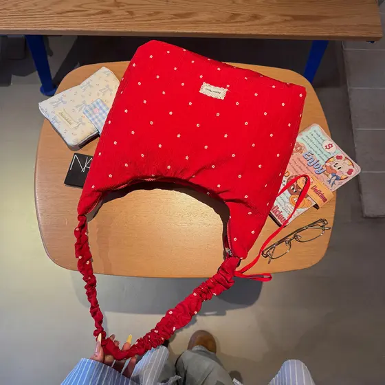 Bolsa Crossbody vermelha 2026 primavera verão novo estilo Floral bolinhas bolsa de lona estilo coreano grande capacidade