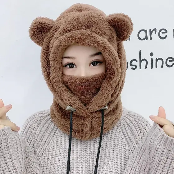 Chapéu engrossado babador boné de uma peça feminino inverno pescoço proteção quente veículo elétrico à prova de vento à