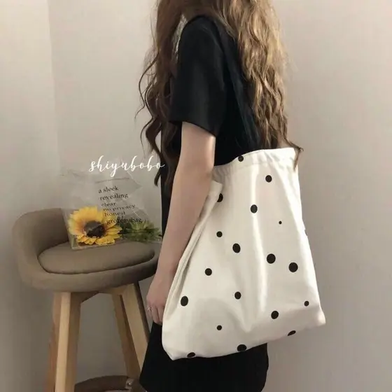 Estilo coreano chique bonito bolinhas All-Match saco de lona de um ombro saco de compras portátil estudante saco de esco