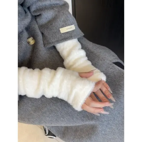 Luvas de meio dedo de pelúcia ceroso macio feminino velo quente primavera outono mangas bonito pele de coelho estilo jap