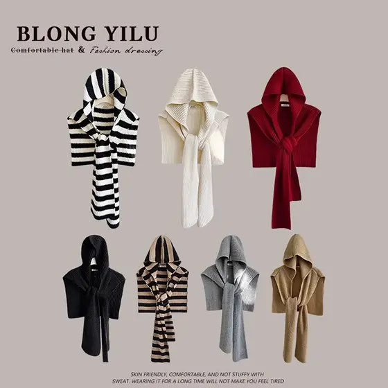 Design listrado de malha com capuz xale feminino outono inverno novo estilo cachecol quente chapéu um lenço de suporte d