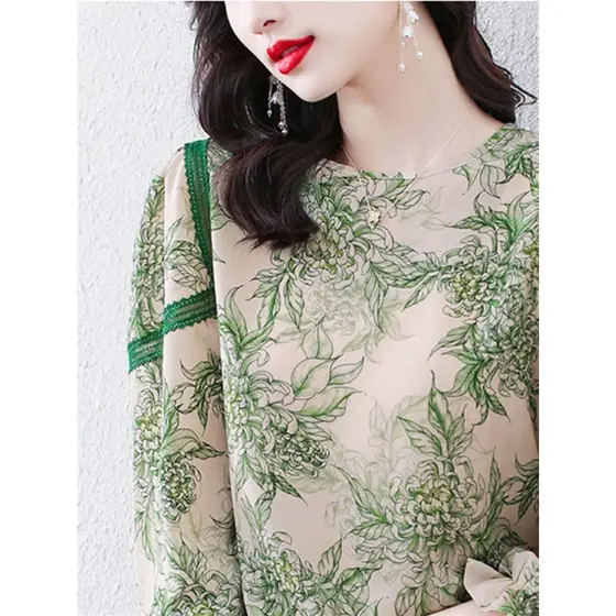 Estilo ocidental impresso renda trompete manga Chiffon camisa senhoras primavera 2023 novo estilo moda primavera camisa