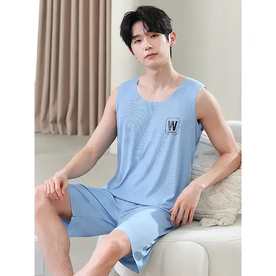 Pijamas de seda gelo com rosca masculino verão fino legal colete Shorts terno masculino sem mangas pode usar fora de cas