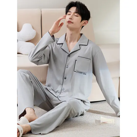 Pijamas masculinos de manga comprida algodão primavera outono estilo verão masculino Plus Size fino juventude Loungewear