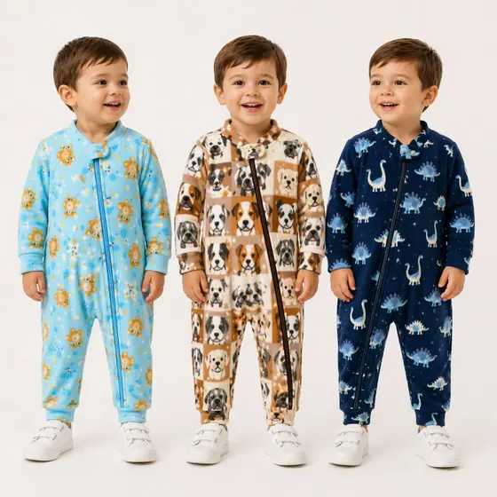 Kit 3 ou 5 Macacões Soft Infantil Masculino Inverno Estampas Sortidas com Zíper