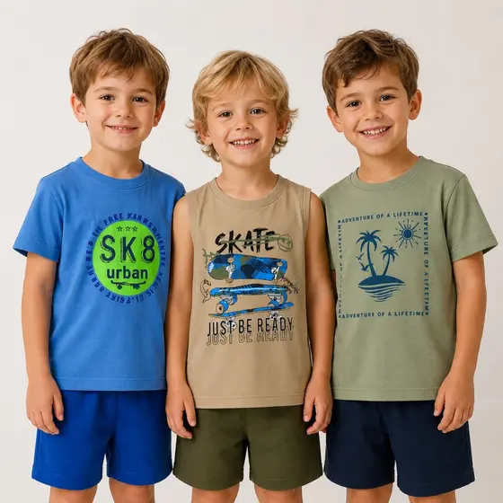 Kit 3 Conjuntos Infantis Masculinos Verão Algodão Camiseta e Bermuda 2 a 10 Anos