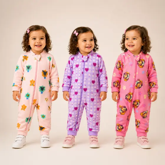 Kit 3 ou 5 Macacão Soft Infantil Feminino Inverno Estampas Sortidas com Zíper