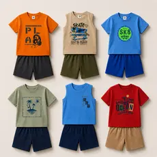 Kit 2 ou 5 Conjuntos Infantil Menino Verão Algodão Camiseta Regata + Bermuda Moletinho