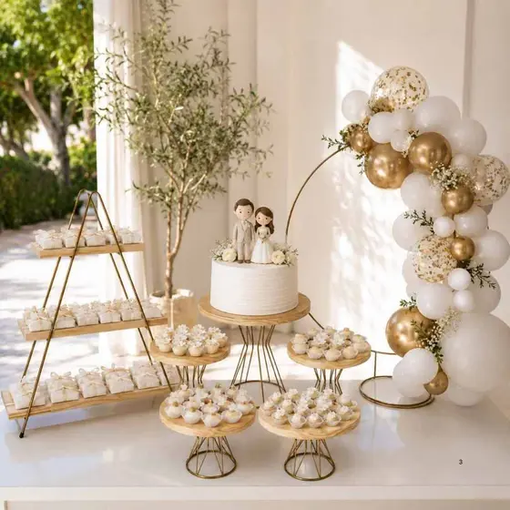 Kit Festa com Arco em Ferro Dourado Decoração Mesa Aparador Boleira Doceira Bexiga Luxo 7 Peças