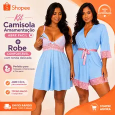 Kit Camisola Amamentação Abre Fácil + Robe Luxo Confortável Com Renda Delicada Saída de Maternidade
