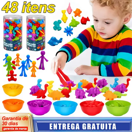 Kit Montessori 48 Peças 4 Temas: Dinossauros, África, Oceano ou Transporte - Pinça + 6 Tigelas, INMETRO, Educativo 3+