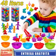 Kit Montessori 48 Peças 4 Temas: Dinossauros, África, Oceano ou Transporte - Pinça + 6 Tigelas, INMETRO, Educativo 3+
