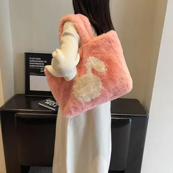 1 Pçs Outono E Inverno Nova Imitação De Pele Grande Capacidade Sacola Casual Mão Saco De Pelúcia Feminino-Coelho Ombro