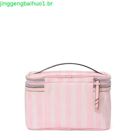 Bolsa de Maquiagem de Viagem Grande e Impermeável de Dupla Camada, Estojo Cosmético Estético de Nylon Listrado, Bolsa de