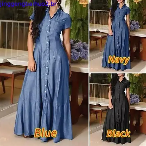 Europa e América internacional novo vestido longo csa gola bolso grande vestido jean casual plus size vestido