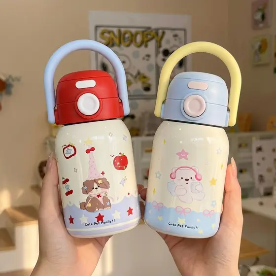 Copo térmico infantil de alto valor, desenho animado, alça portátil para estudantes, garrafa esportiva dupla para beber,
