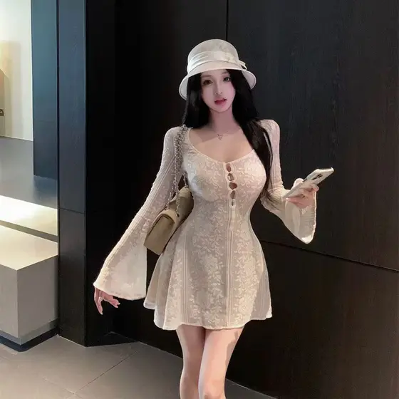 Vestido Skinny feminino, Design oco de renda, Look Slim, saia evasê