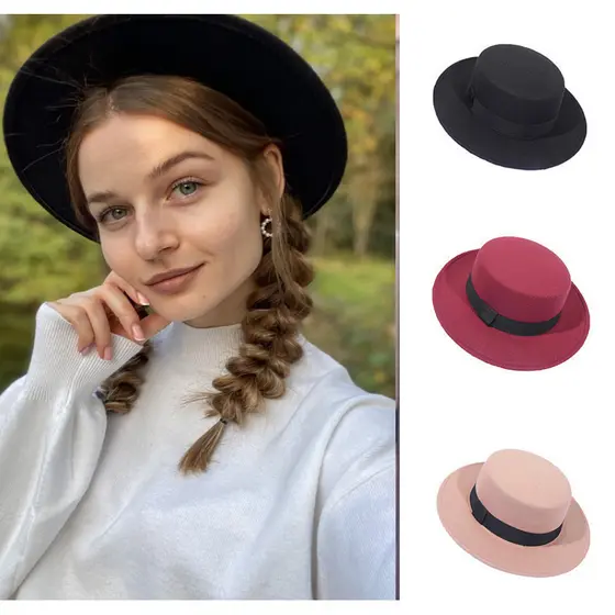 Chapéu De Topo Plano De Lã De Inverno Para Fedora De Aba Larga De Feltro Feminino
