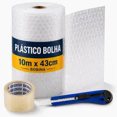 Plástico Bolha 10m x 43cm Bobina Proteção Embalagem Mudanças Envios Ecommerce Com Fita e Estilete