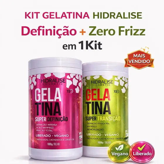 kit Gelatina Capilar Para Cabelos Cacheados - Hidralize 1kg- Anti frizz, cabelos definidos, toque macio, natural!