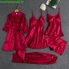 [EL] Robe De Seda Terno De Dormir Feminino Renda Cetim Pijamas Conjunto Com Decote Em V Roupa Primavera Csola Nova